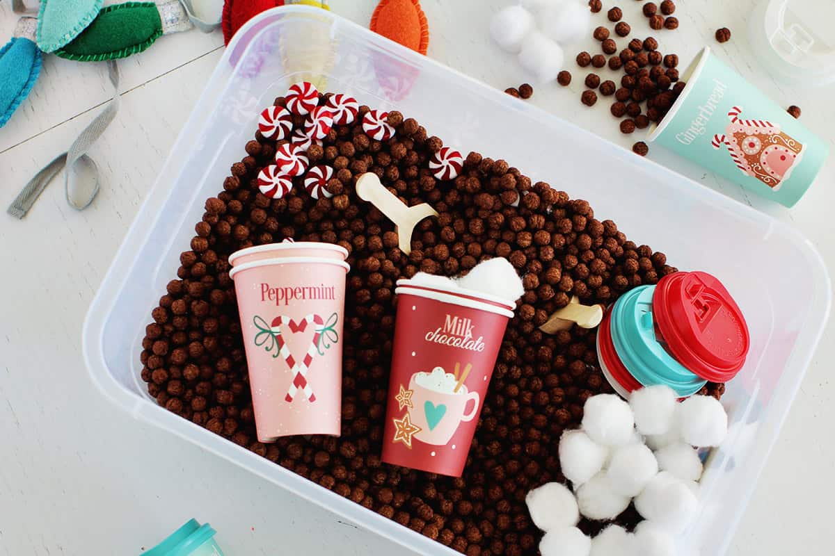 hot chocolate themed sensory bin for kids.