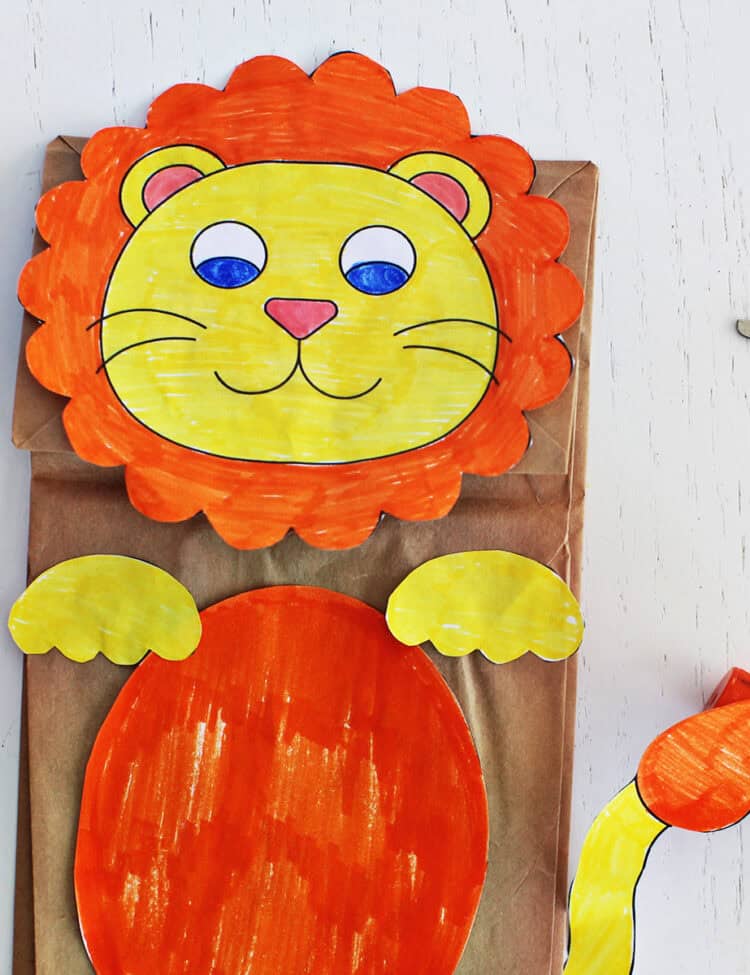Lion paper bag puppet.