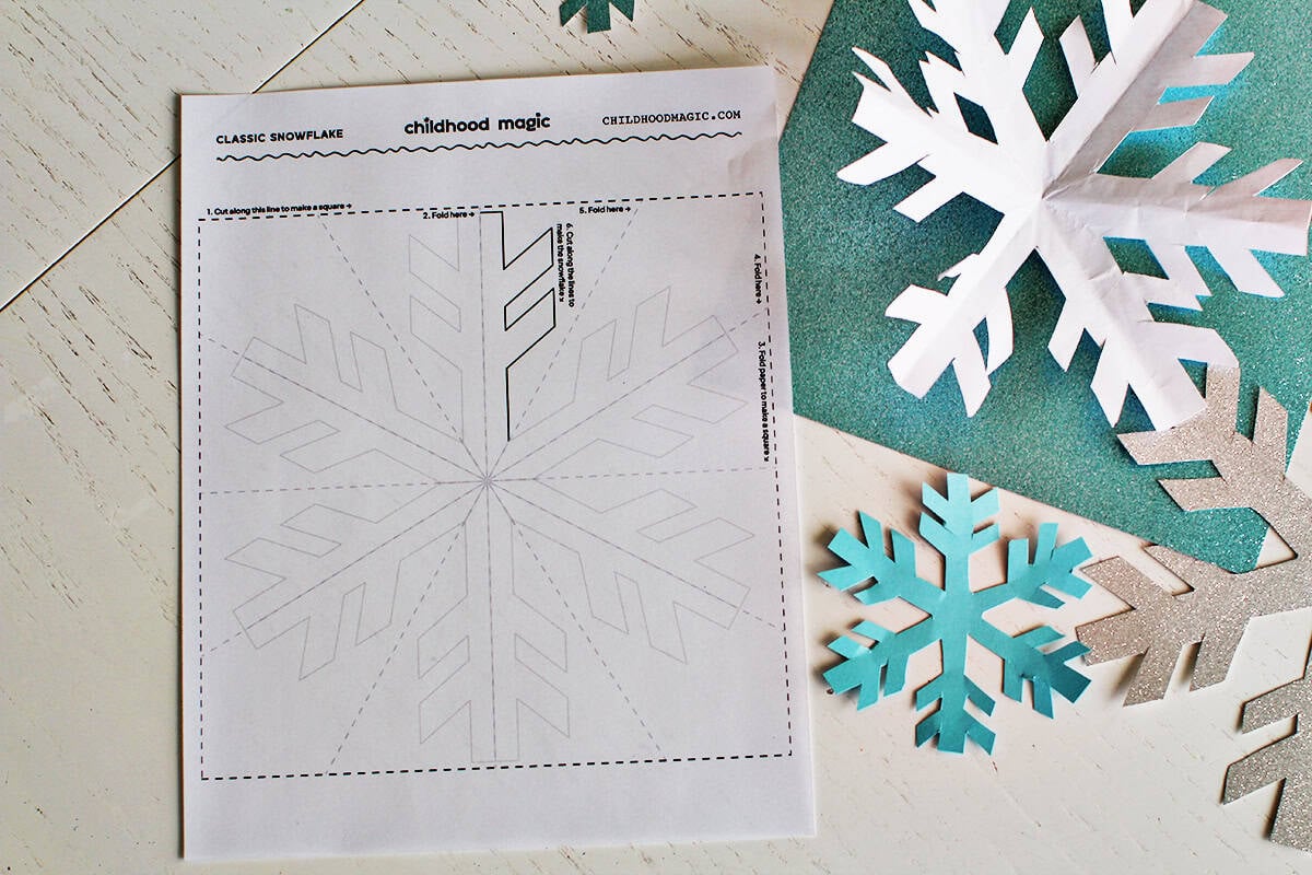 printed paper with instructions to make a paper snowflake.