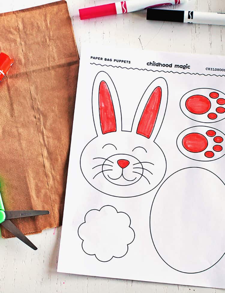 Paper with rabbit head, paws, tail and belly ready to cut out and make into a paper bag puppet.