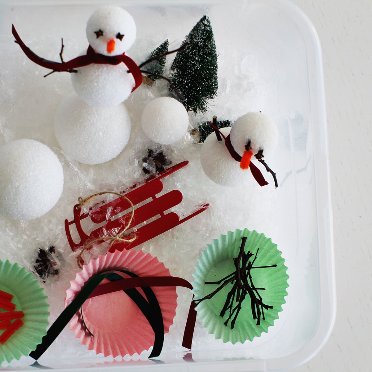 styrofoam balls, and pieces to build a craft snowman.