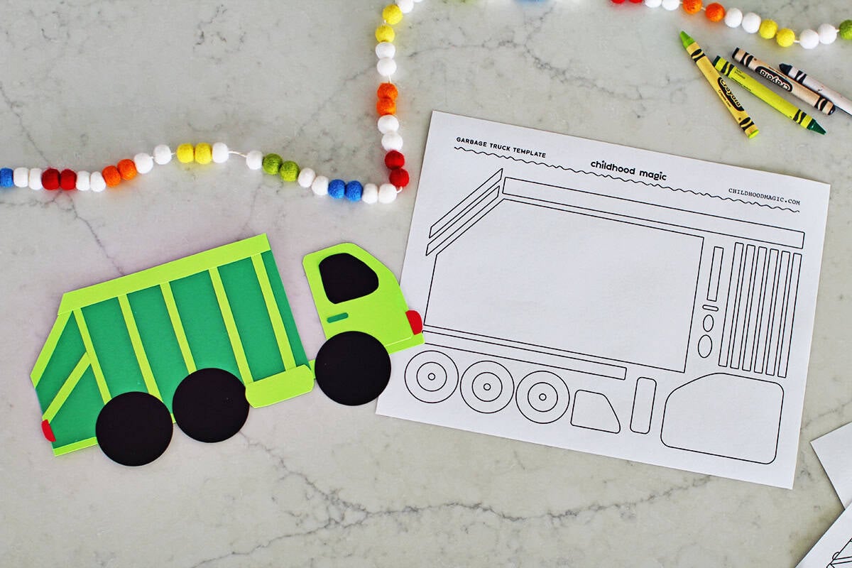 garbage truck coloring page and printable craft.