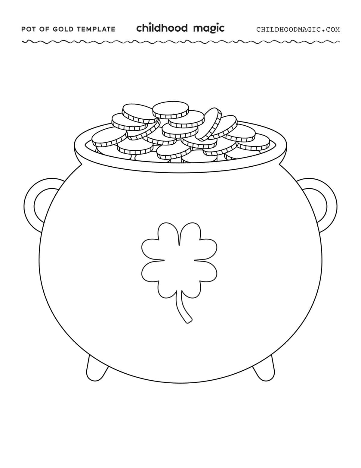 Black outline of a pot of gold on a white background.