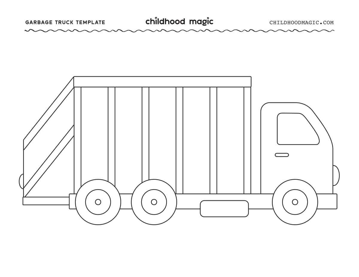 black outline of a large garbage truck on a page.