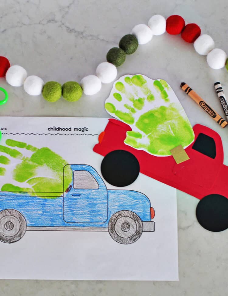 crafted pickup trucks with handprint Christmas trees attached.