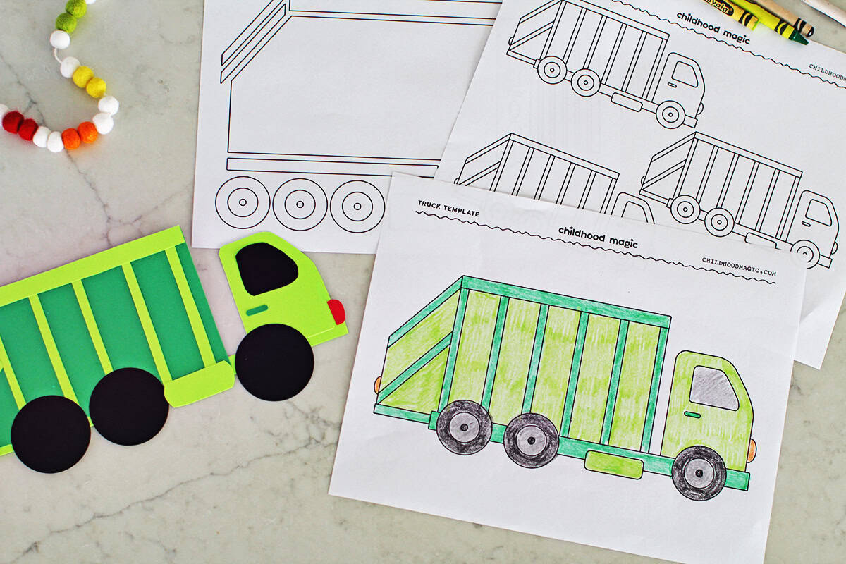 garbage truck printable coloring page and paper craft.