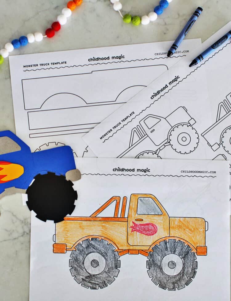 monster truck coloring page and template to make paper monster truck.