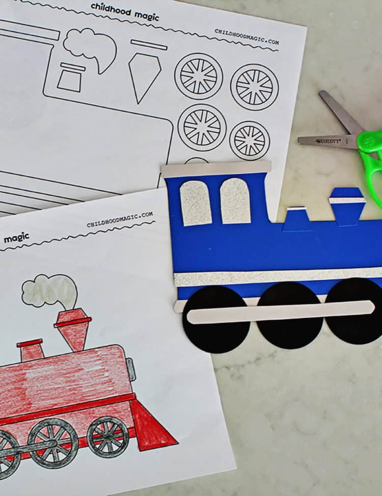 train paper craft project and train coloring page.
