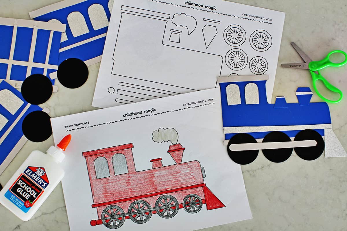 printable train coloring page and template for making a train with paper craft.