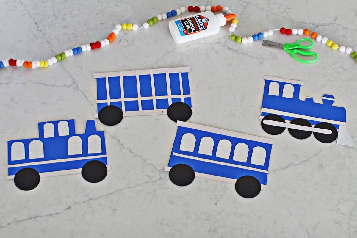 paper train made with a printable template, cardstock and glue.