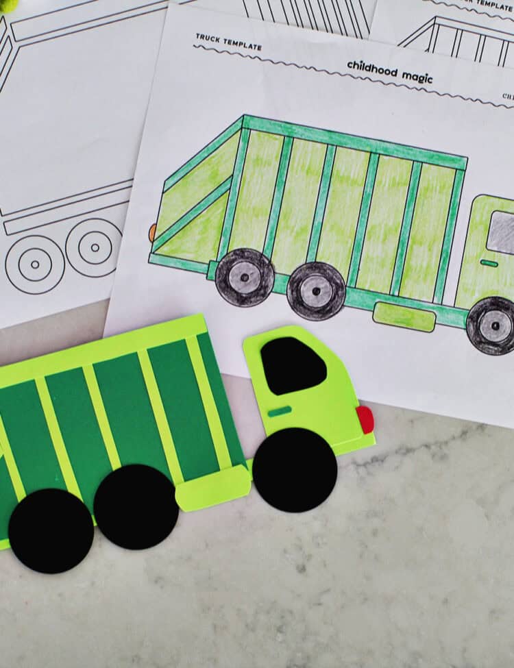 garbage truck coloring page and printable craft.