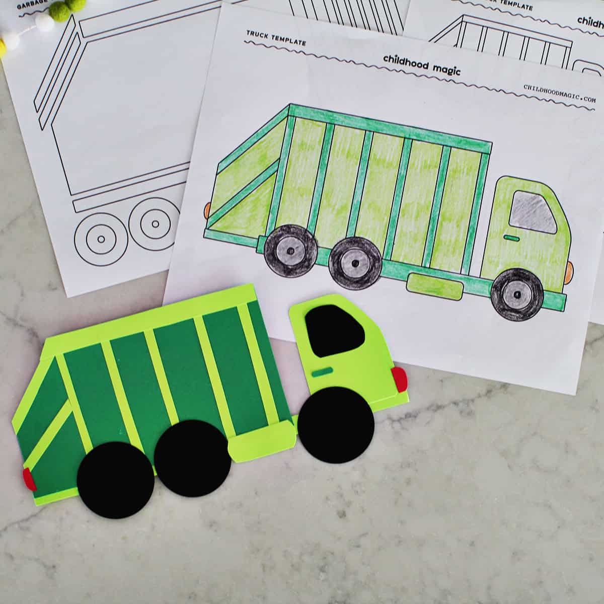 garbage truck coloring page and printable craft.