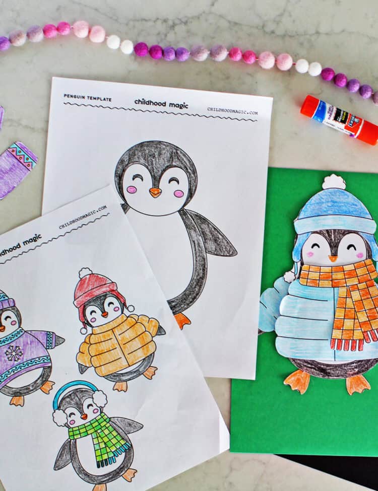 Penguin template and coloring page for kids.