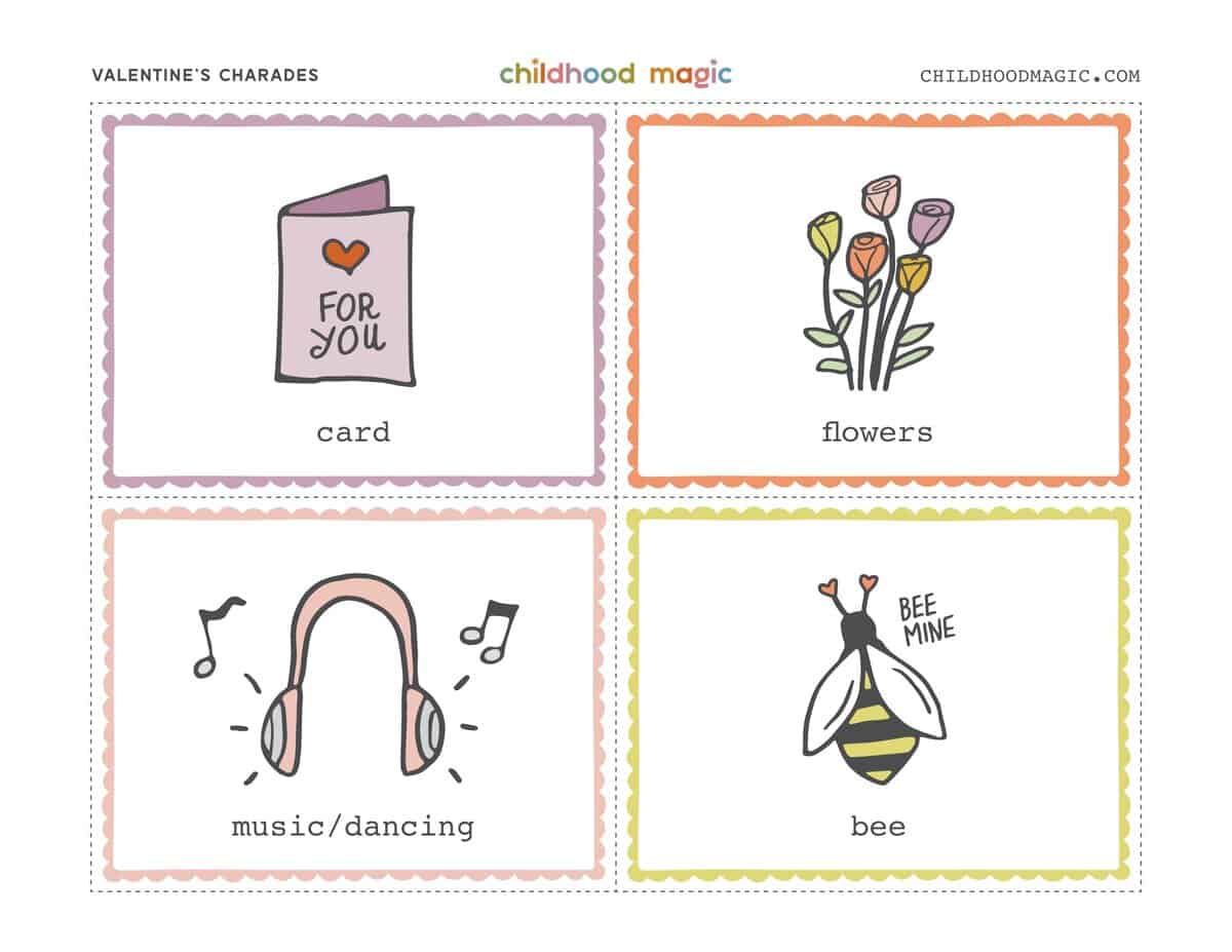 charades game for kids with a card, flowers, headphones and bumblebee on it that can be printed out.