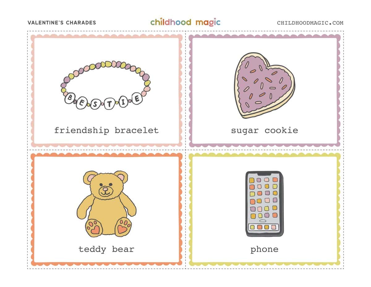 charades game for kids with a friendship bracelet, a phone, teddy bear and sugar cookie on it.