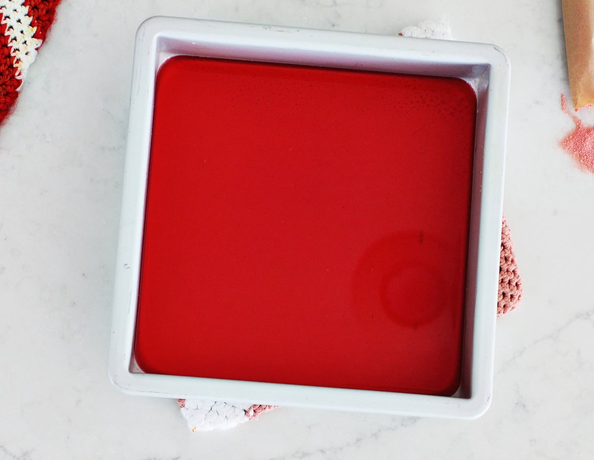 stainless steel baking pan with red jello.
