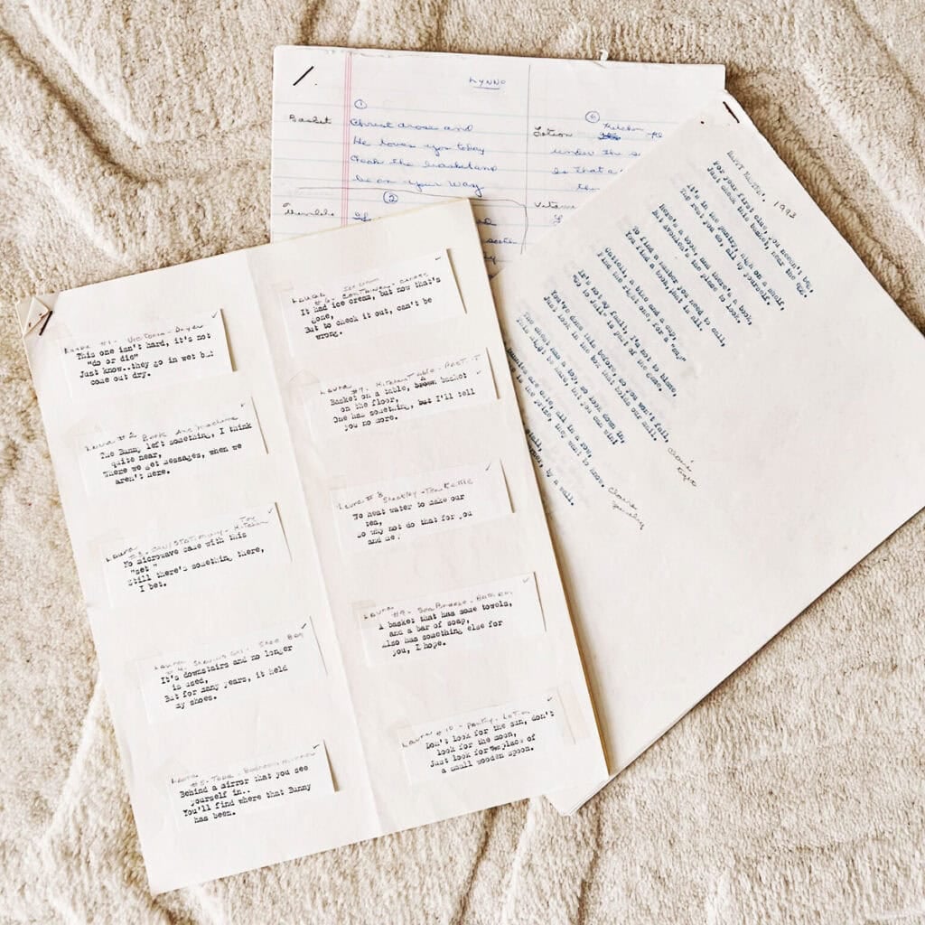 paper with old typewritten clues on them.