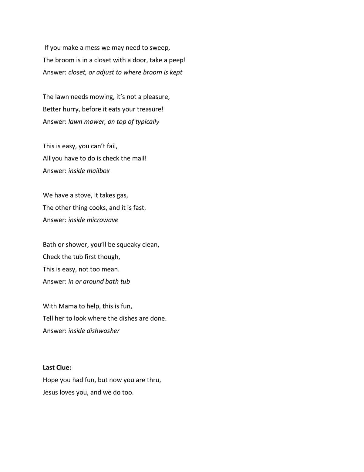 blank word document with Easter-themed scavenger hunt clues on it.