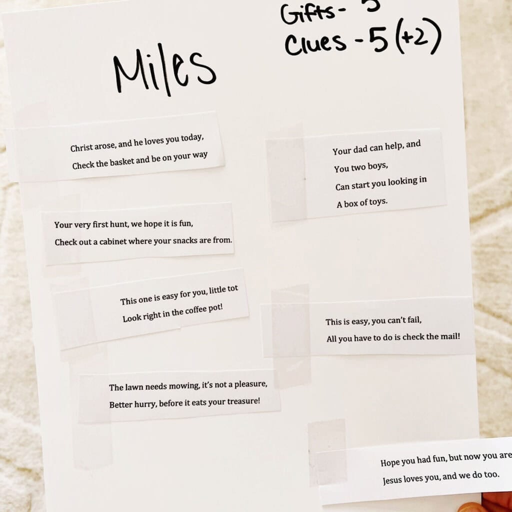paper with the name Miles on it and 6 clues on paper for a scavenger hunt.