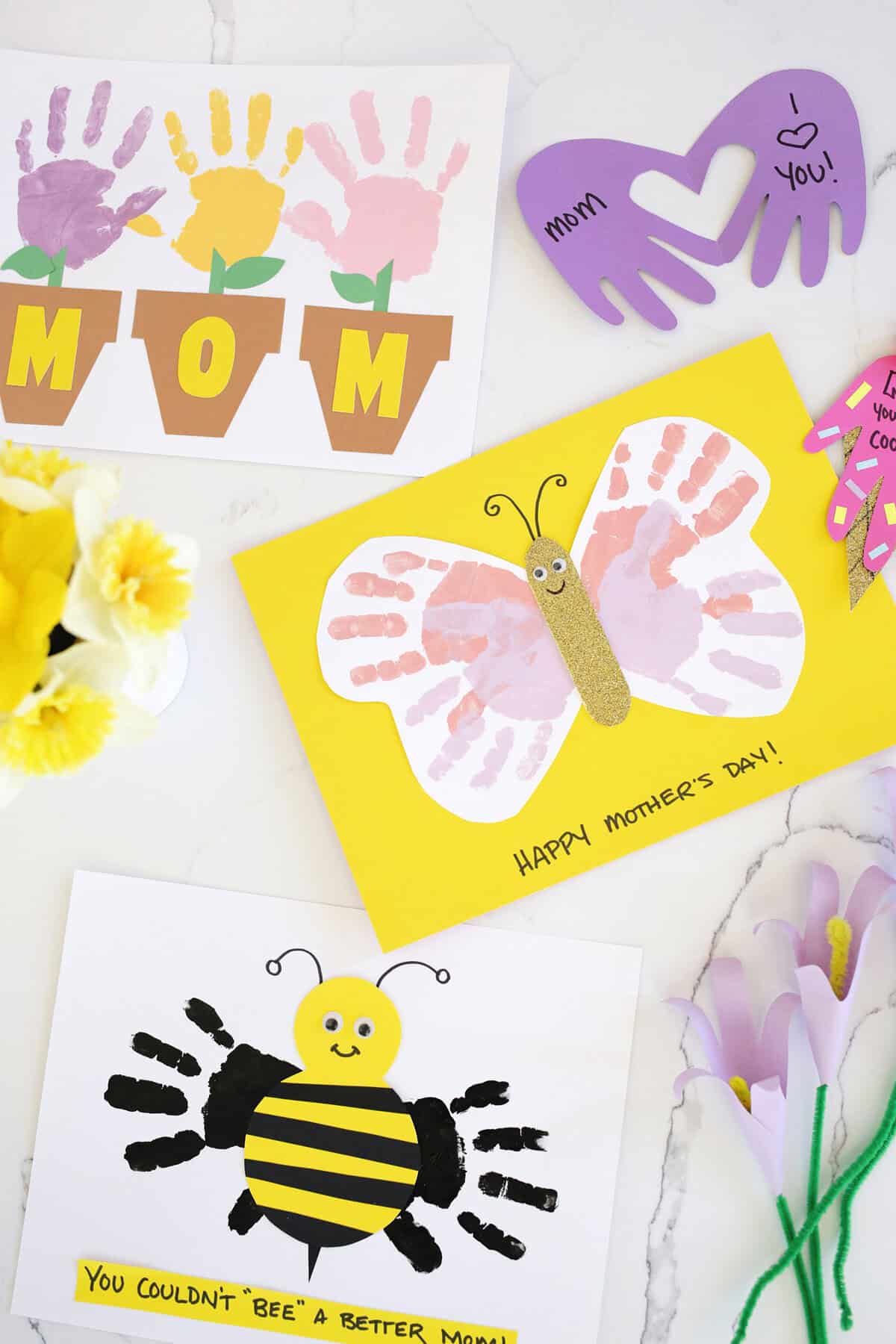 Assortment of Mother's Day handprint crafts.