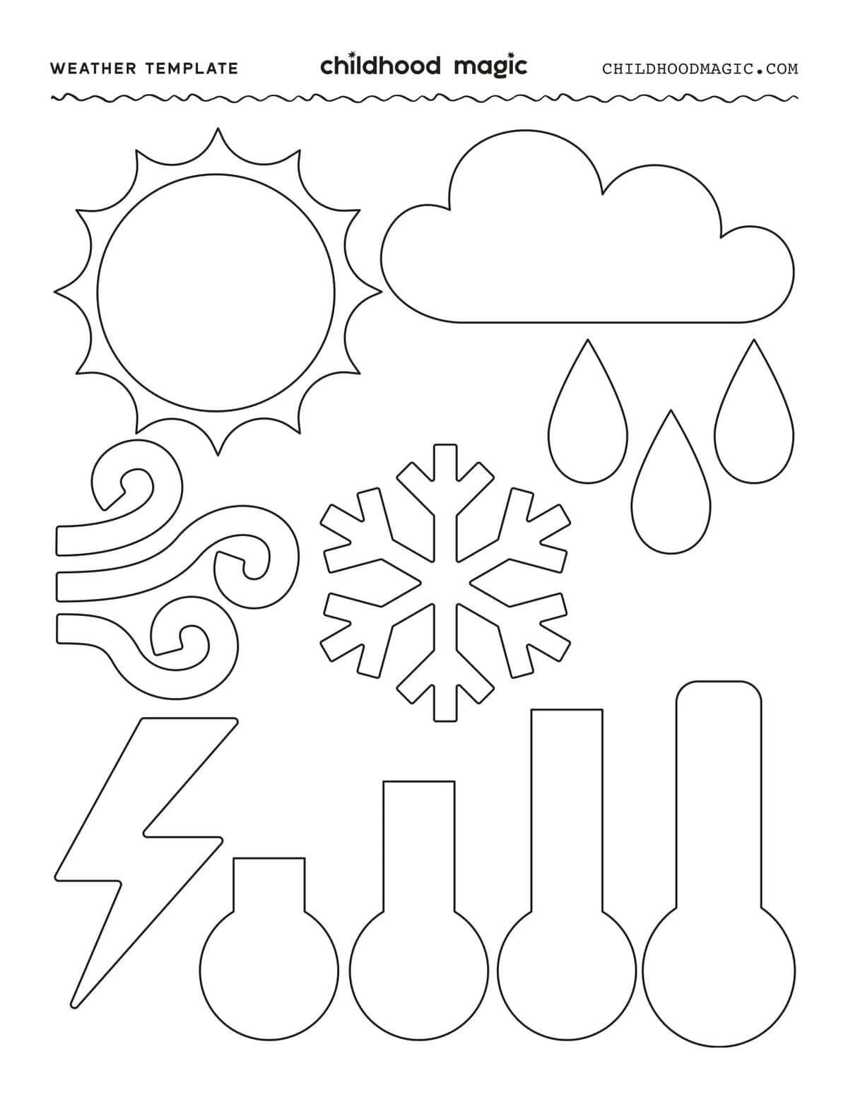 Black outlines of various weather symbols on a white background.