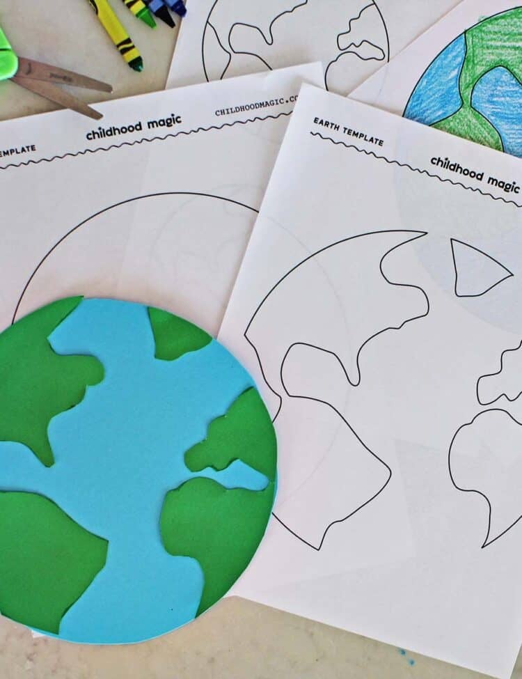 printable Earth page with an Earth made from blue and green cardstock next to it.