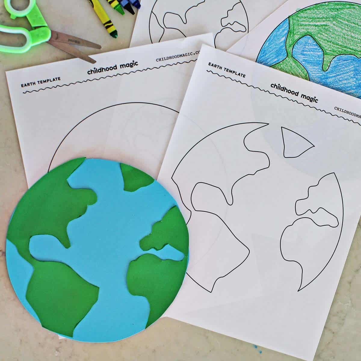 printable Earth page with an Earth made from blue and green cardstock next to it.
