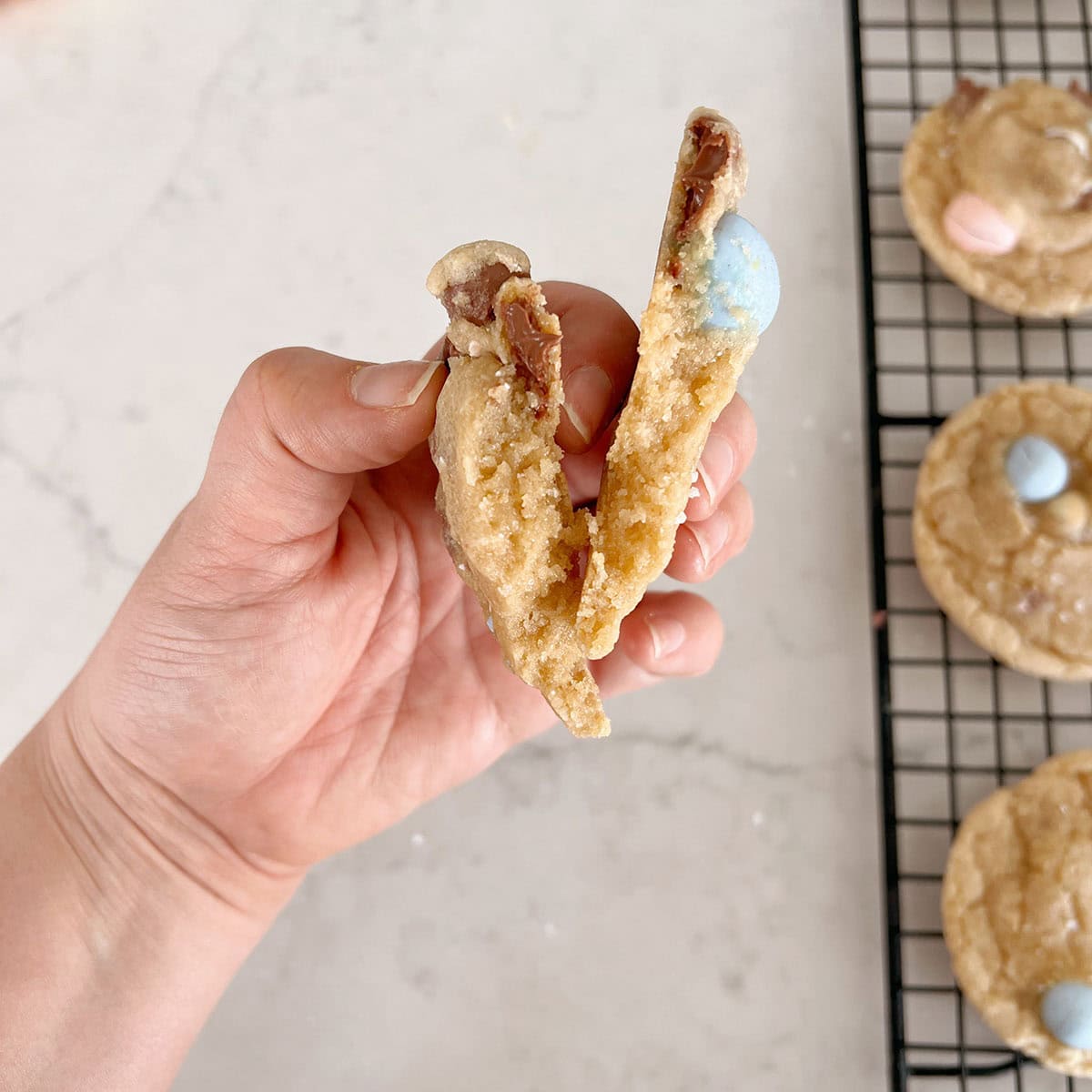 Hand holding a cookie that's been broken in half.