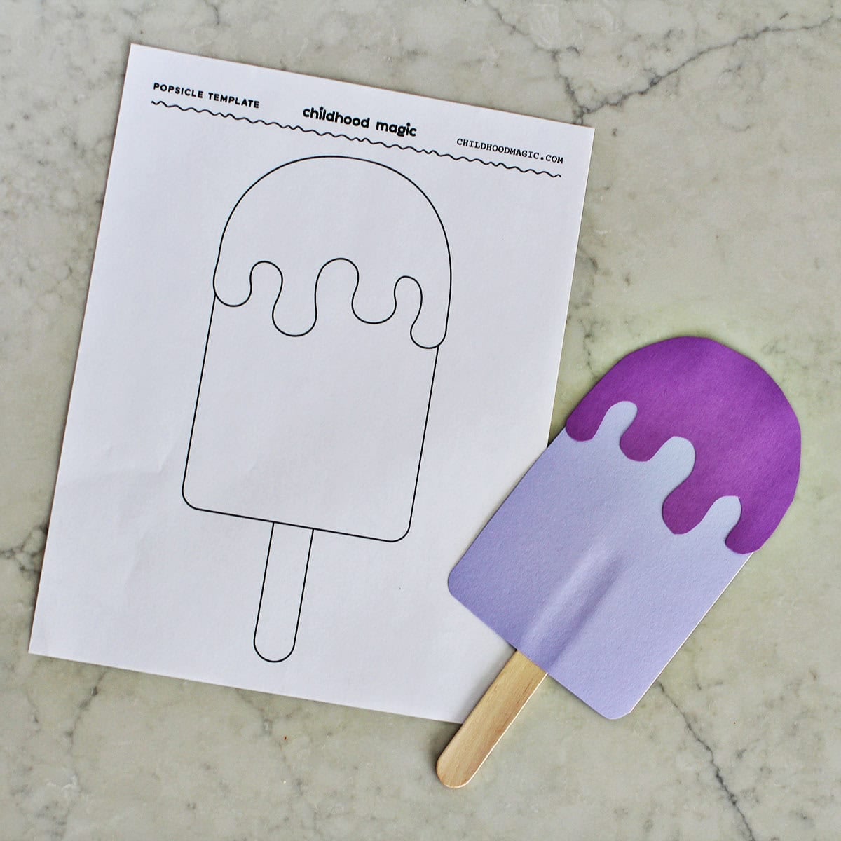 Purple cardstock cut out into a popsicle shape on top of a popsicle coloring page.
