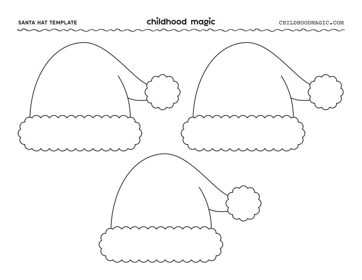 Three black outlines of small santa hats on a white background.