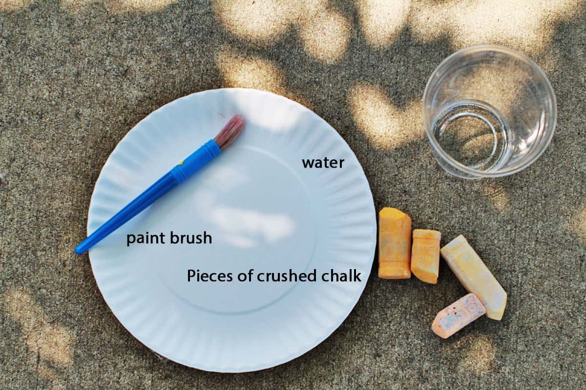 paper plate on the ground next to a cup of water, chalk pieces, a paintbrush and a cup of water.