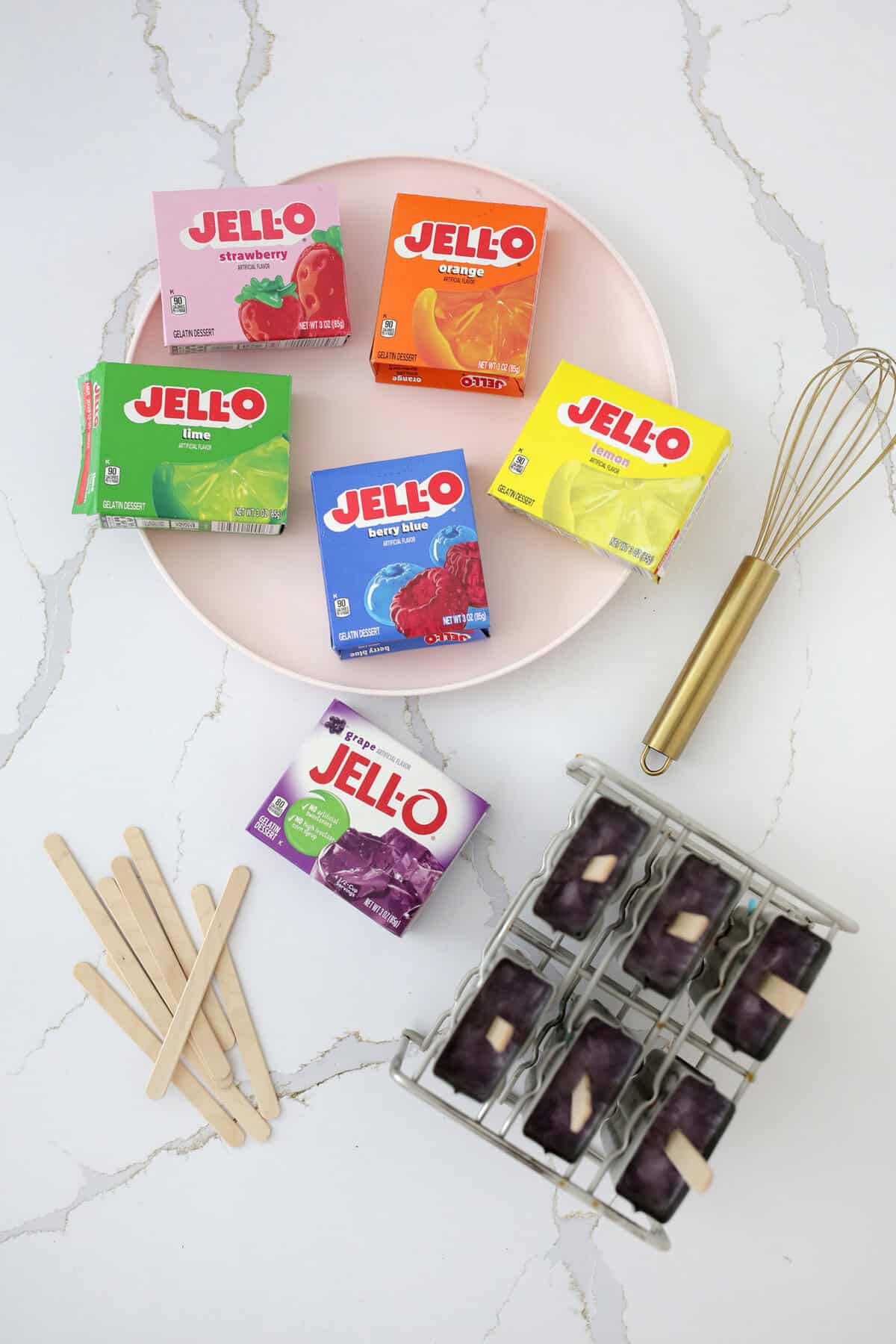 supplies for easy jello rainbow popsicles