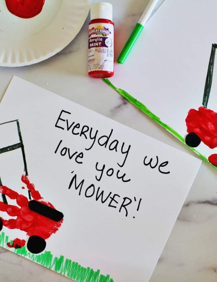 handprint father's day card made to look like a mower.