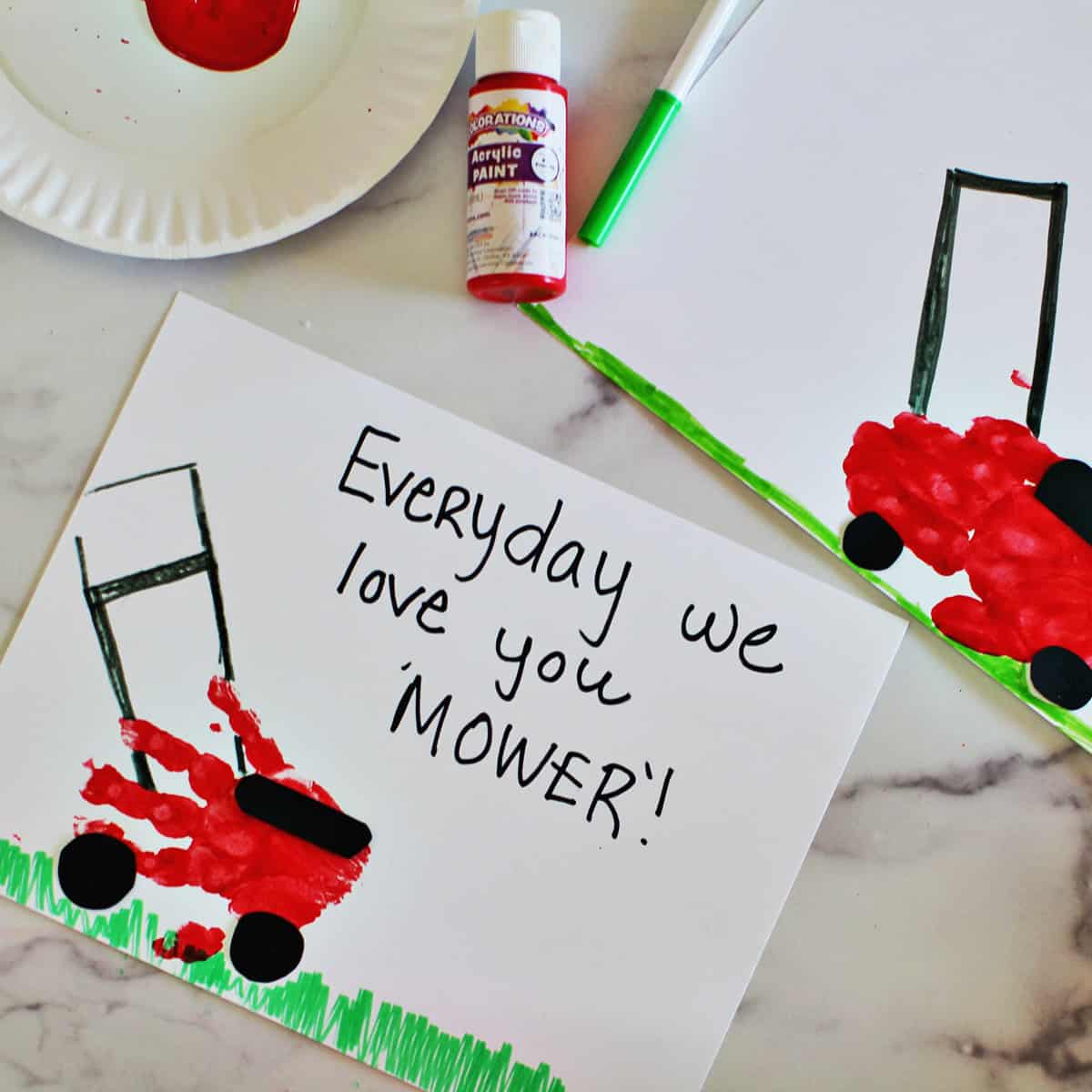 handprint father's day card made to look like a mower.