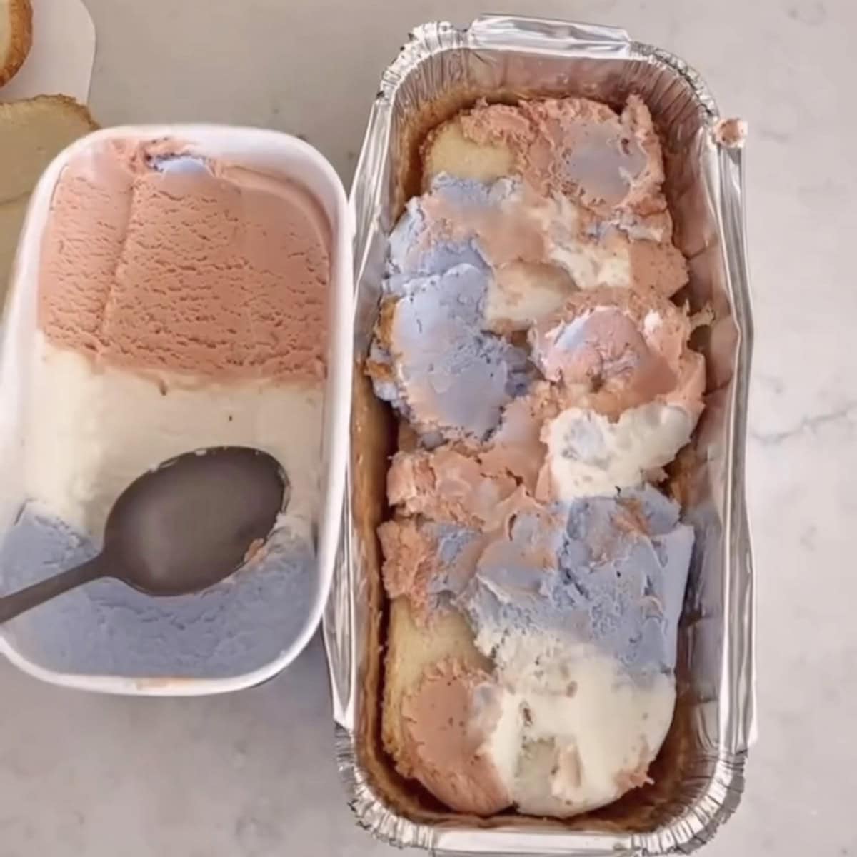 three scoops of red, white and blue ice cream flattened on a layer of pound cake next to the container of ice cream.