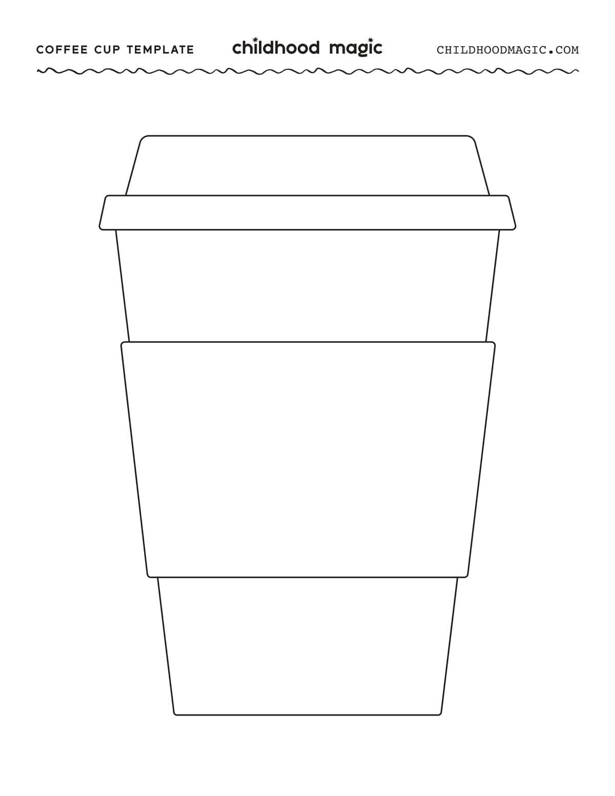 Black outline of a to go coffee cup on a white background.