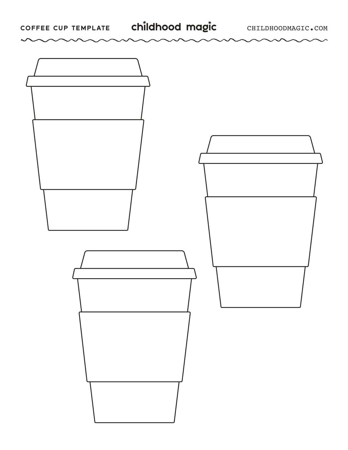 Black outlines of three small coffee to go cups.