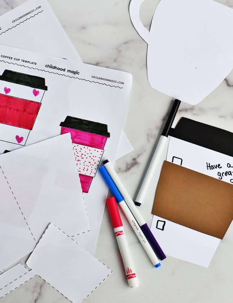 cut out coffee cup shapes and a coloring page with coffee cups on it.
