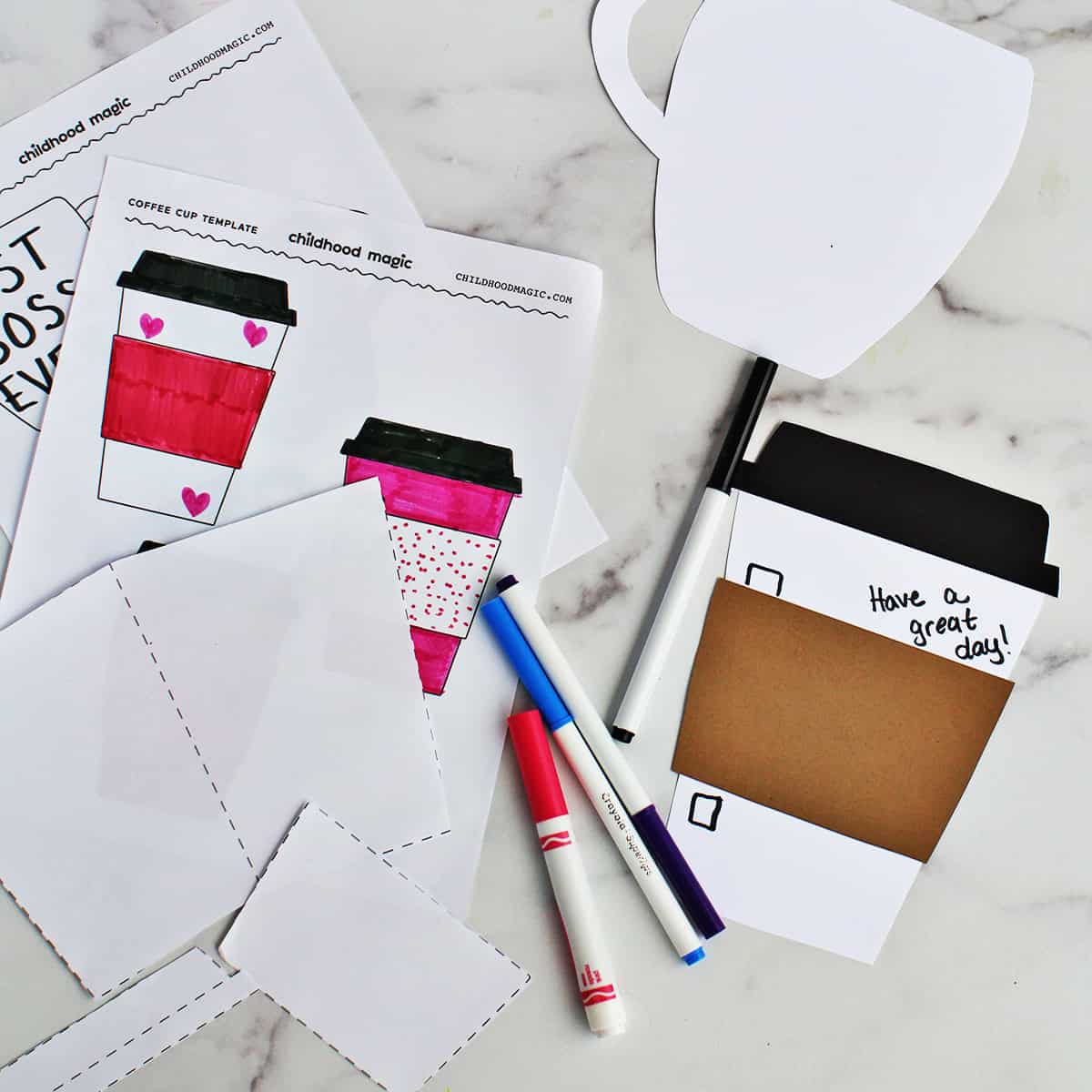 cut out coffee cup shapes and a coloring page with coffee cups on it.