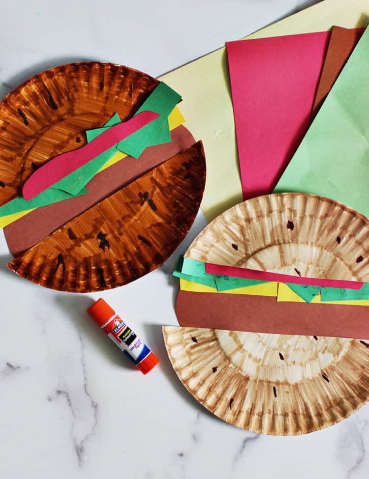 paper plates and construction paper glued together to look like hamburgers.