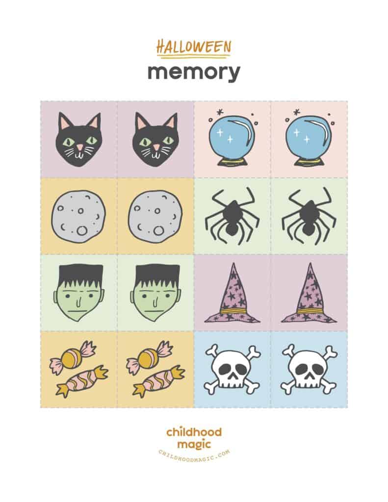 colored squares with Halloween icons on a page to print and make a Halloween memory game.