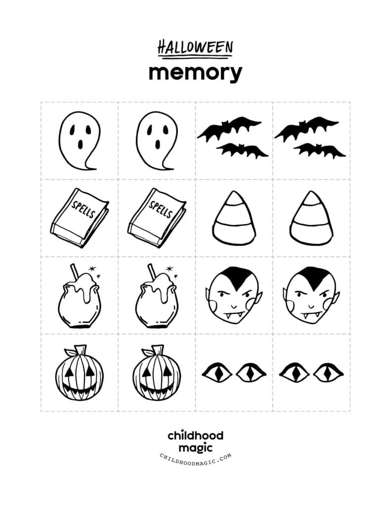 Squares with Halloween icons on a page to print and make a Halloween memory game.