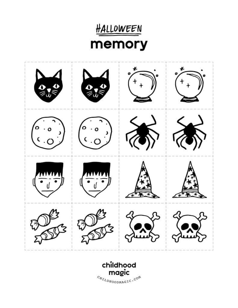 Squares with Halloween icons on a page to print and make a Halloween memory game.