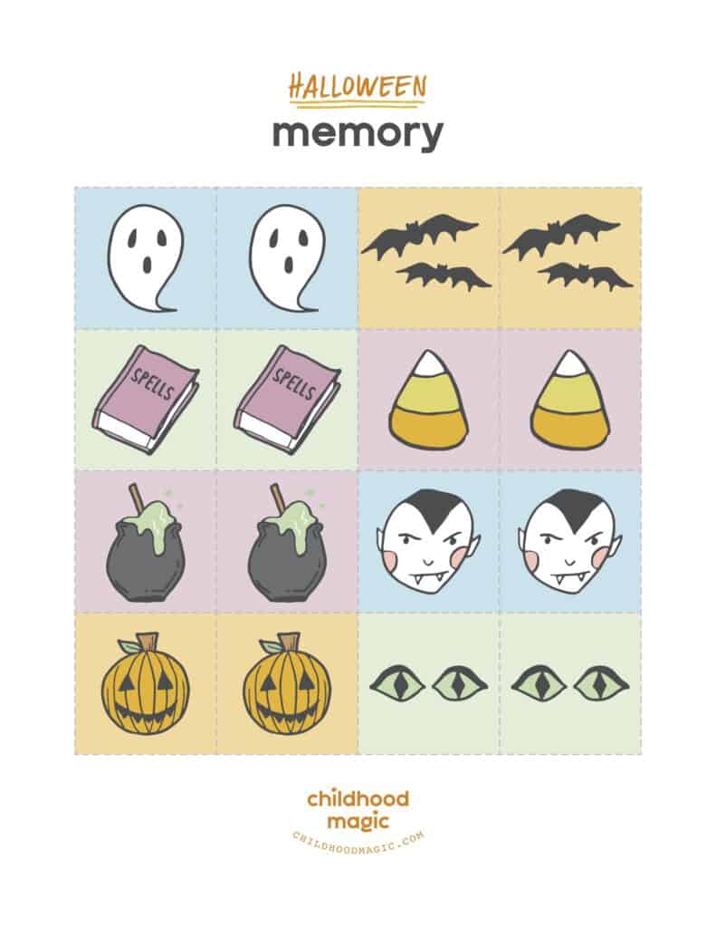 colored squares with Halloween icons on a page to print and make a Halloween memory game.
