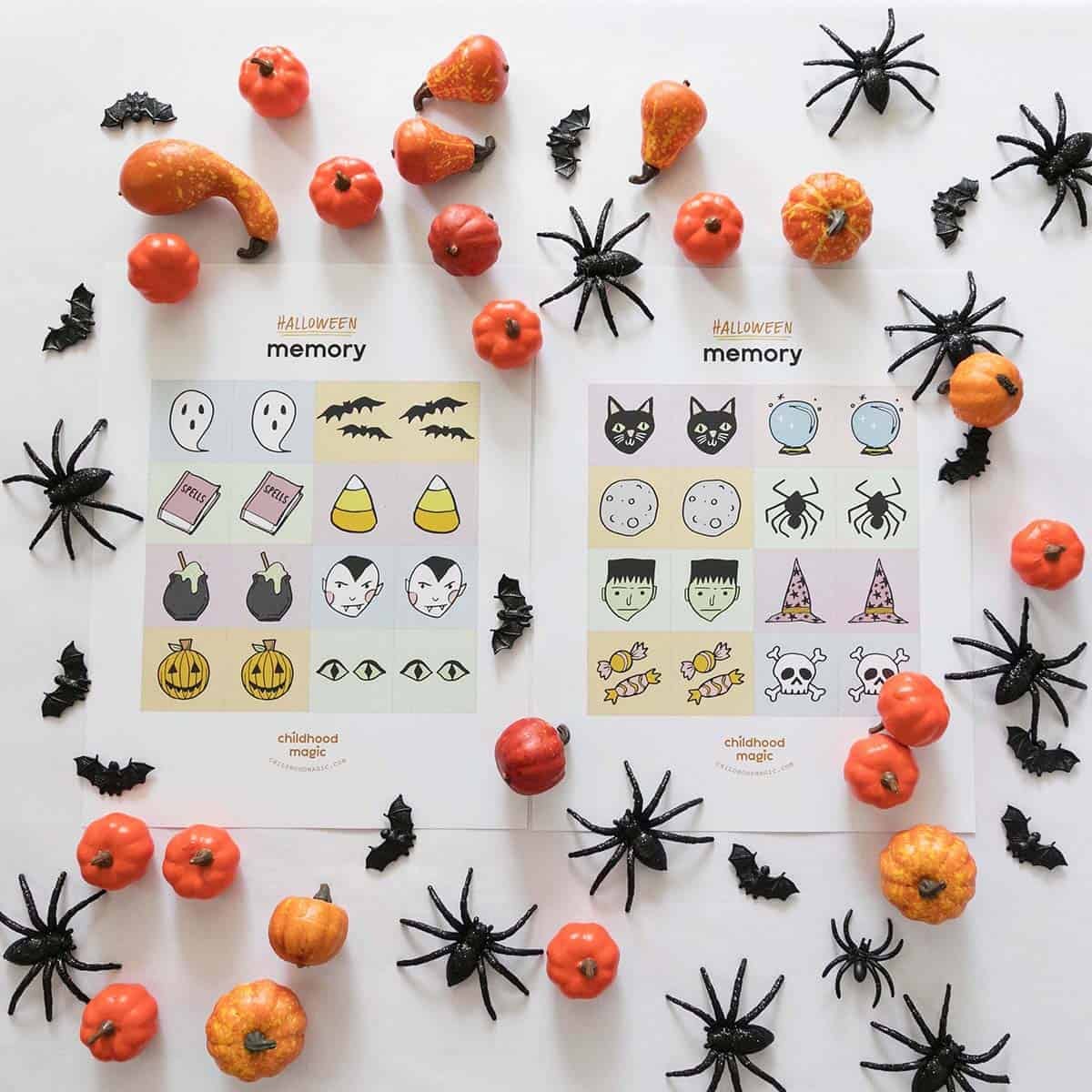 Printed cards with Halloween designs on them that can be cut out to play the game memory with.