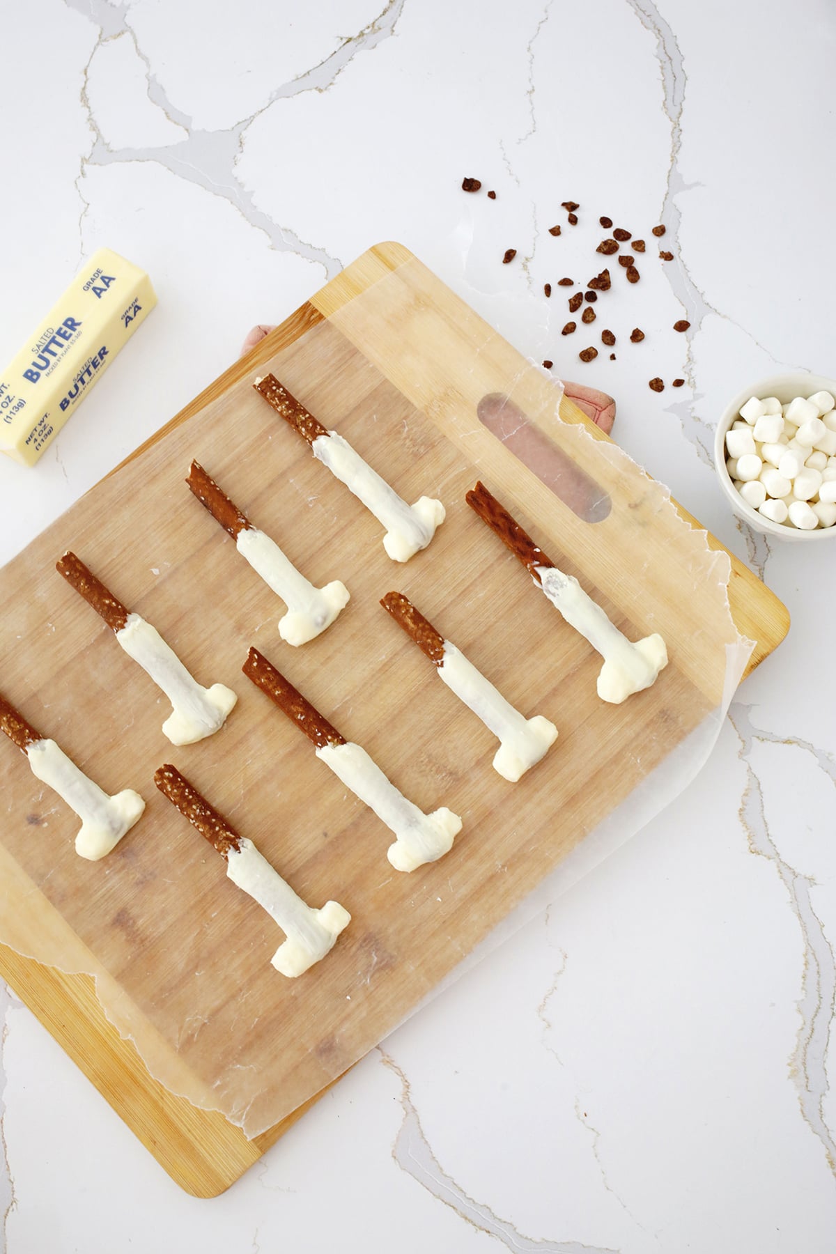 Making rice krispies turkey legs for thanksgiving