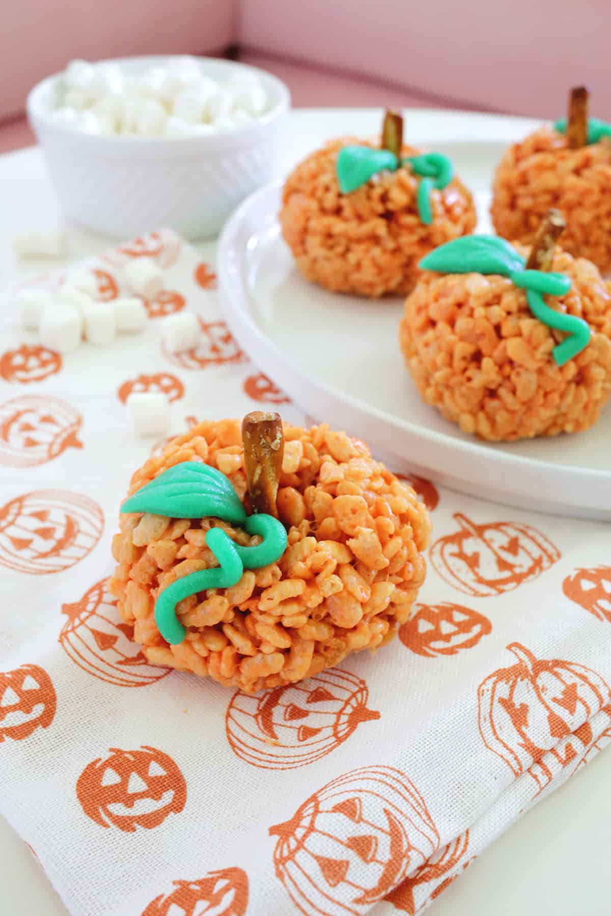 rice krispies pumpkin shaped treat for fall