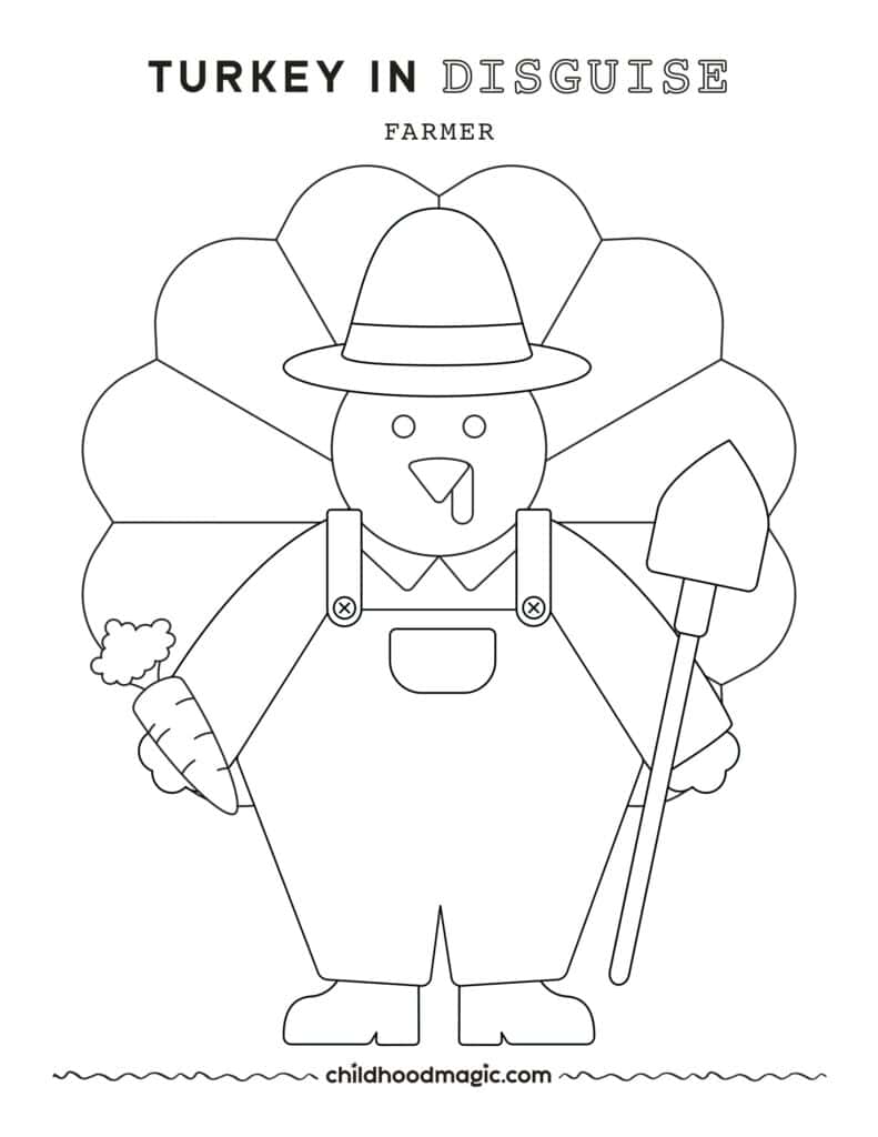 Black outline of a turkey wearing a farmer outfit as a disguise on a white background.