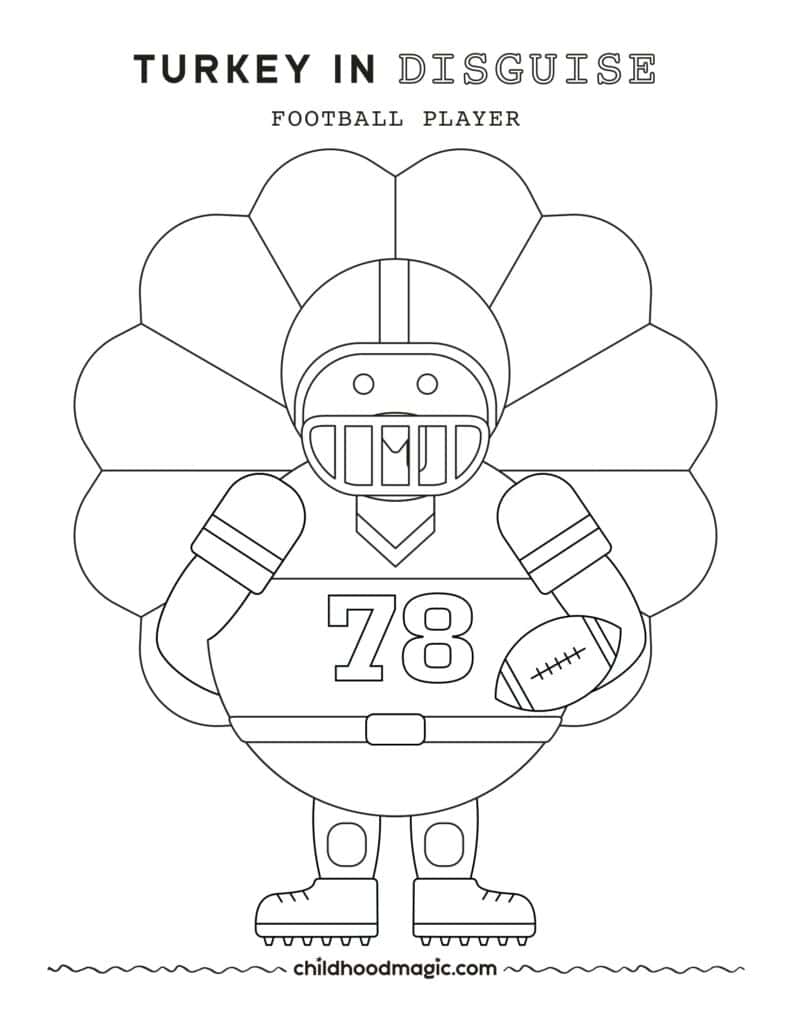 Black outline of a turkey wearing a football uniform as a disguise on a white background.