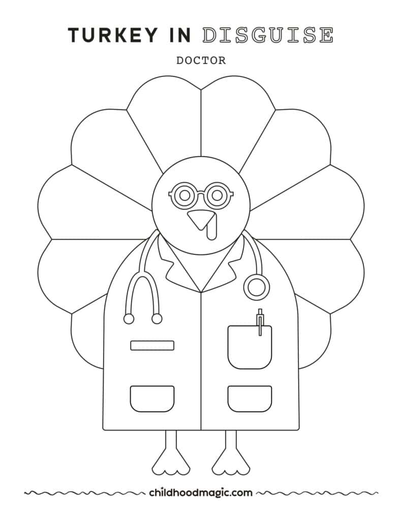 Black outline of a turkey wearing a doctor outfit as a disguise on a white background.
